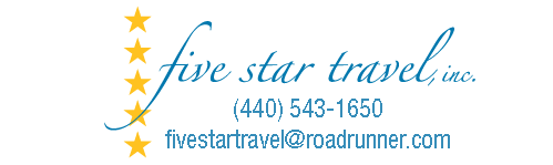 A blue and white logo for five star travel.