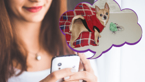 A woman holding her phone and looking at the dog in the thought bubble.