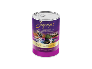 A can of food with purple lid and white label.