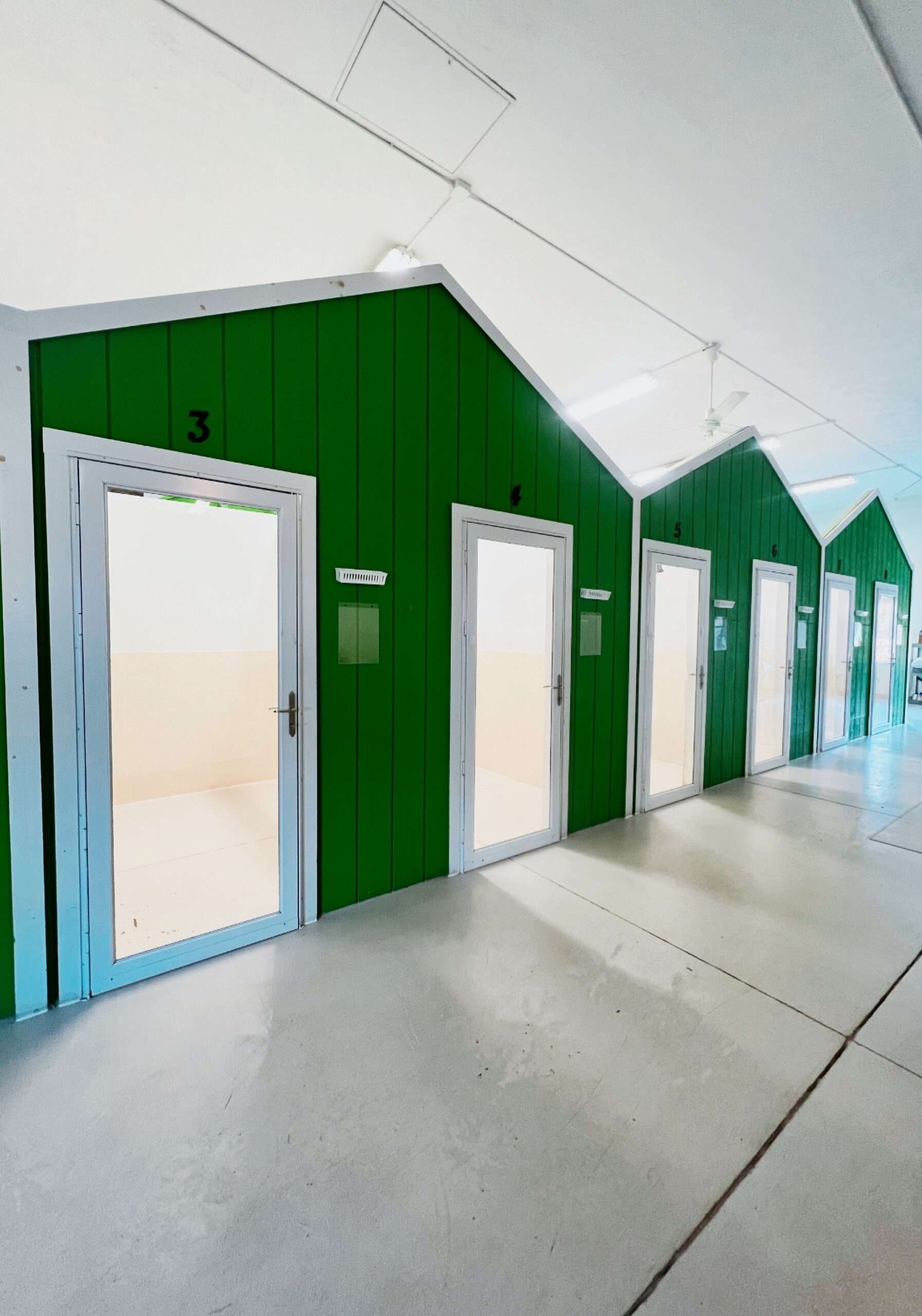 A row of green doors in a building.