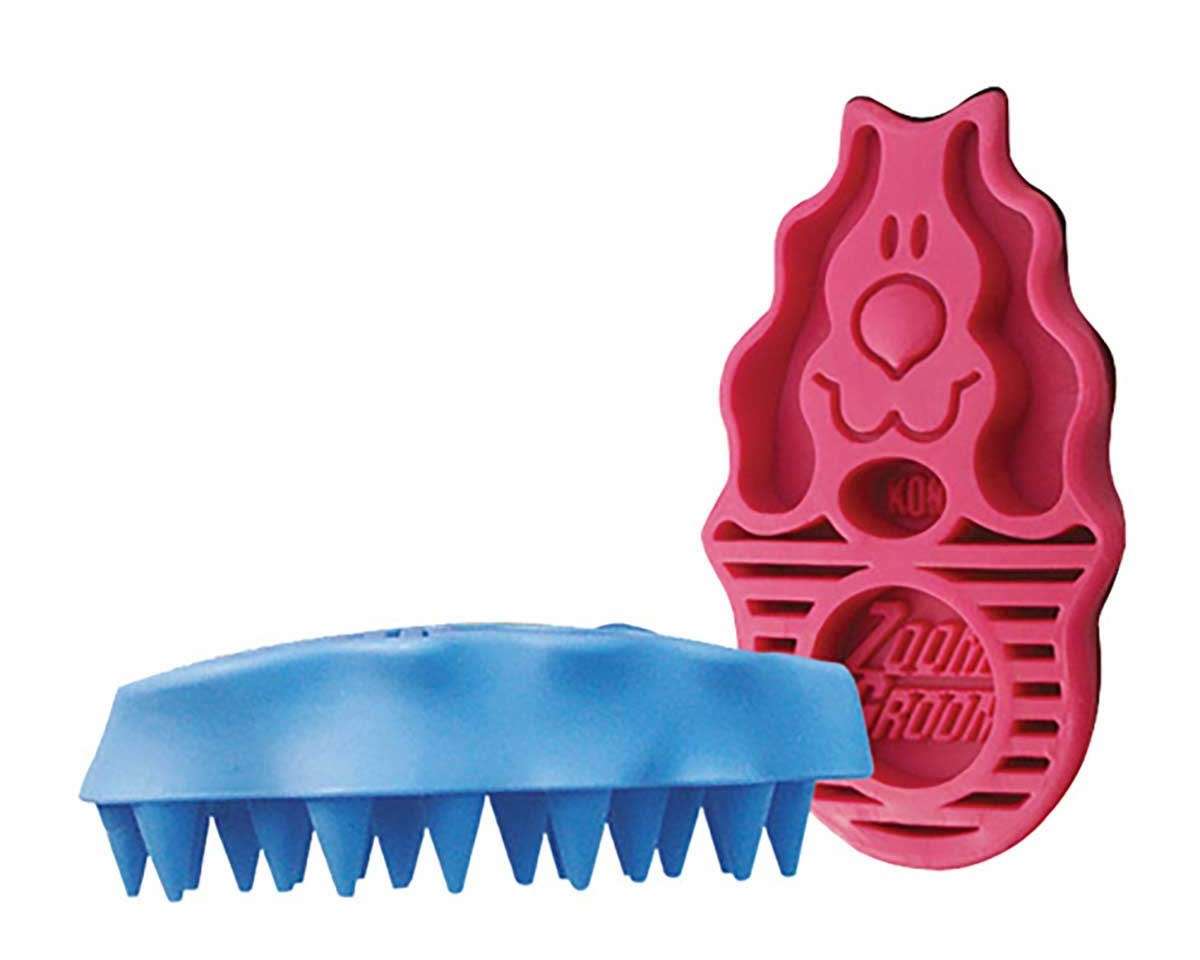 A pink and blue brush with a cartoon character on it.