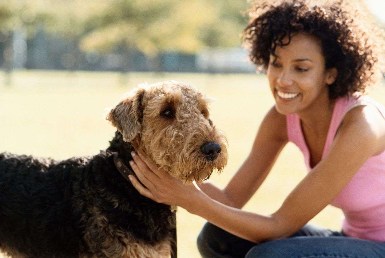 A woman petting her dog in the park.