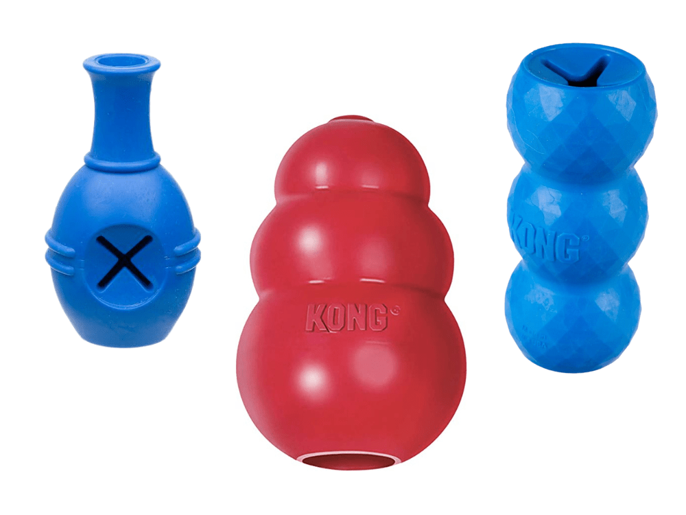 A group of three different sized dog toys.