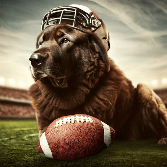 A dog wearing a football helmet and holding a ball.