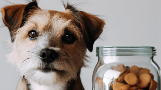 A dog sitting next to a jar of food.