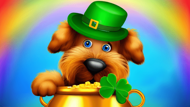 A dog with a green hat and gold pot of gold.