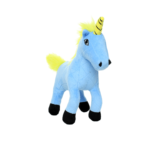 A blue stuffed unicorn with yellow horn and black feet.